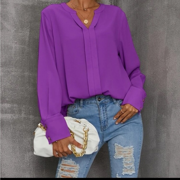 New notched v neck purple long sleeve blouse - Picture 3 of 6